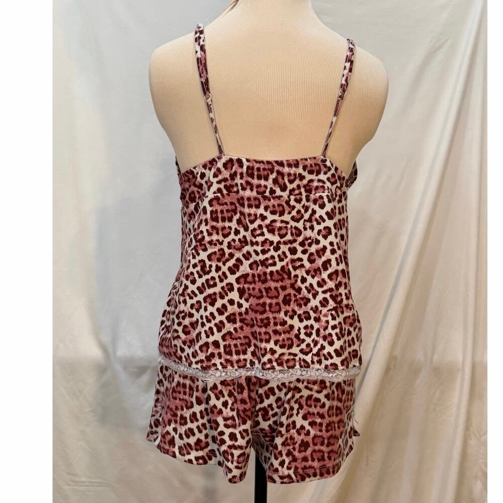 Badgley Mischka Leopard Print Lace Trim Cami Shorts Pajama Lounge Set Medium - Picture 3 of 4